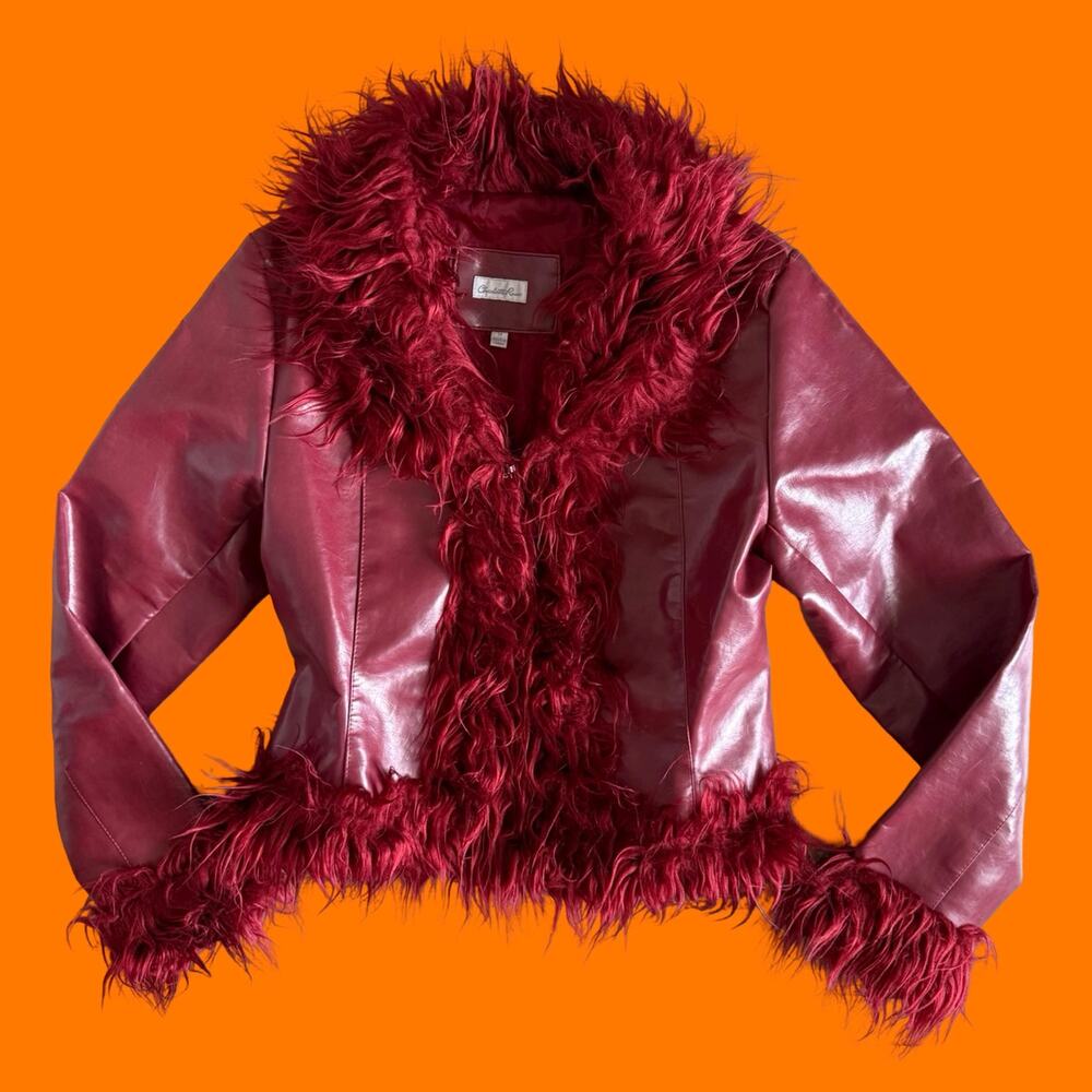 90's 00's vintage red faux leather fuzzy penny lane y2k jacket M Charlotte Russe